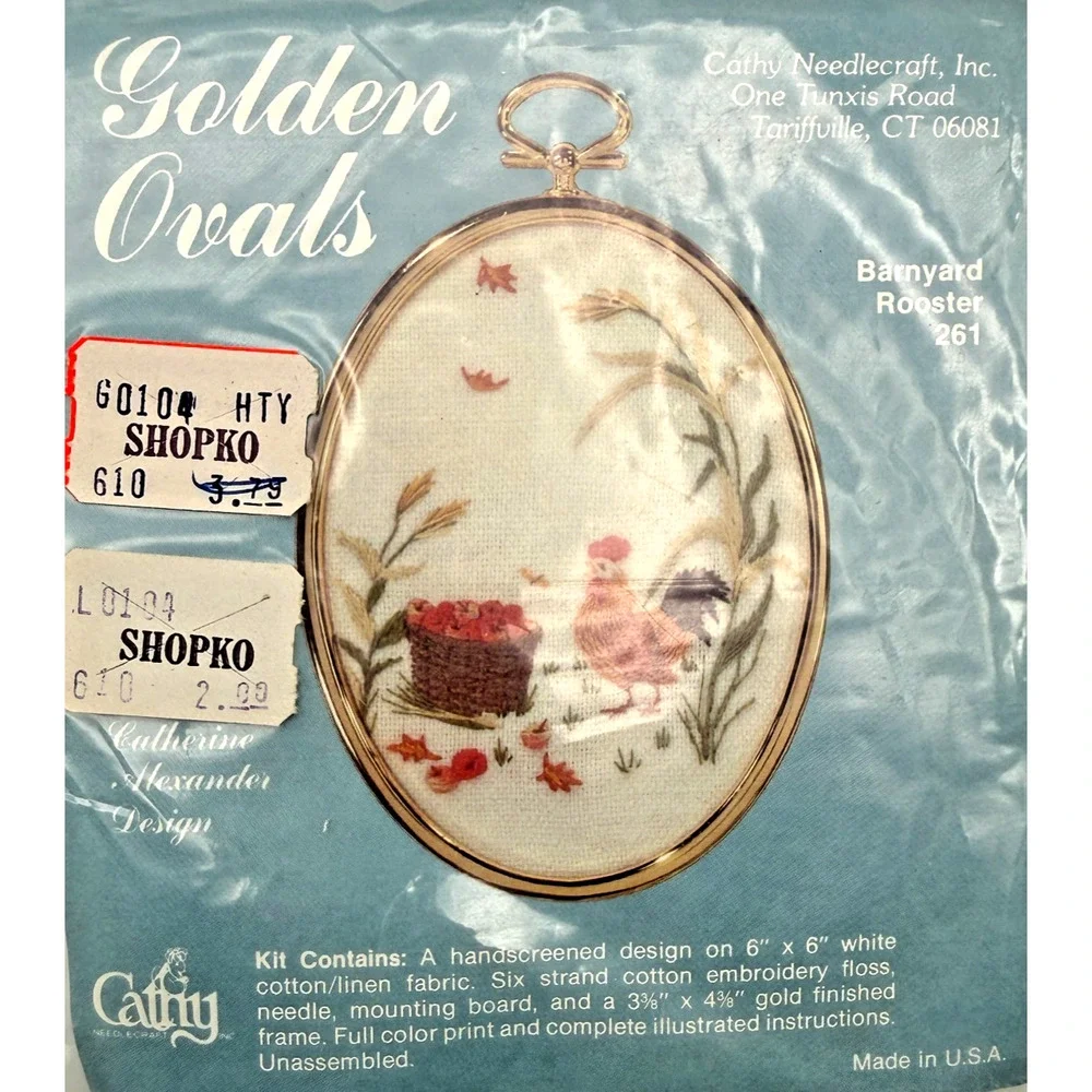 Lot of 2 Cathy Golden Ovals Crewel Kit Fall Barn Owl Barnyard Rooster NIP Sealed